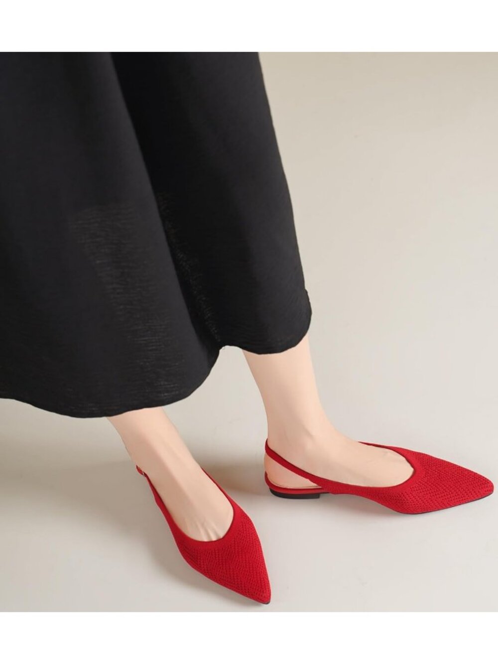 Women's Red Knit Ballet Flats Pointed Toe Buckle Strap Slip On Party Dress Shoes - Picture 6 of 6